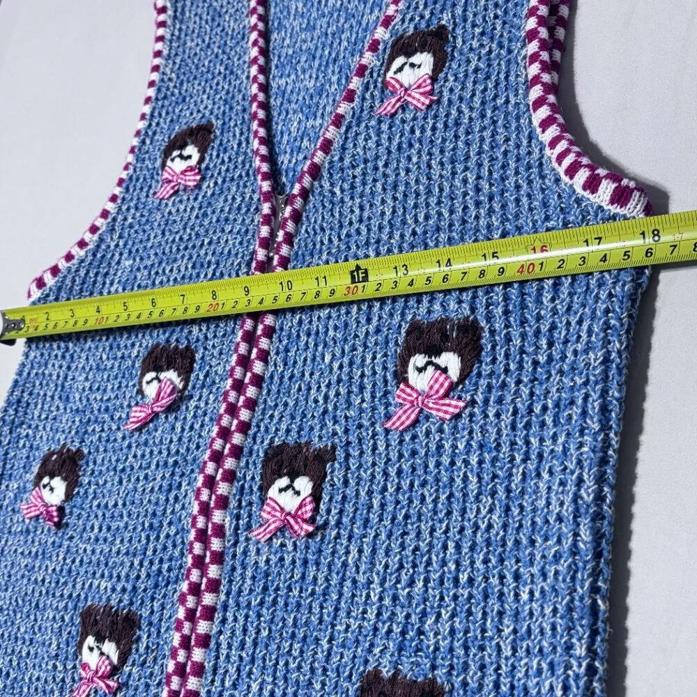 Vintage Capacity Teddy Bear‎ Sweater Vest Large Blue Knit Red Gingham Bow Ramie
